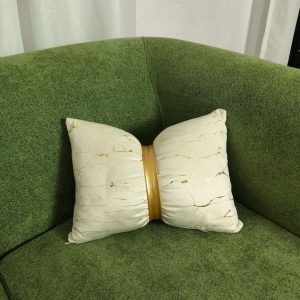 Cream White and Gold Marble Accent Bow Pillow